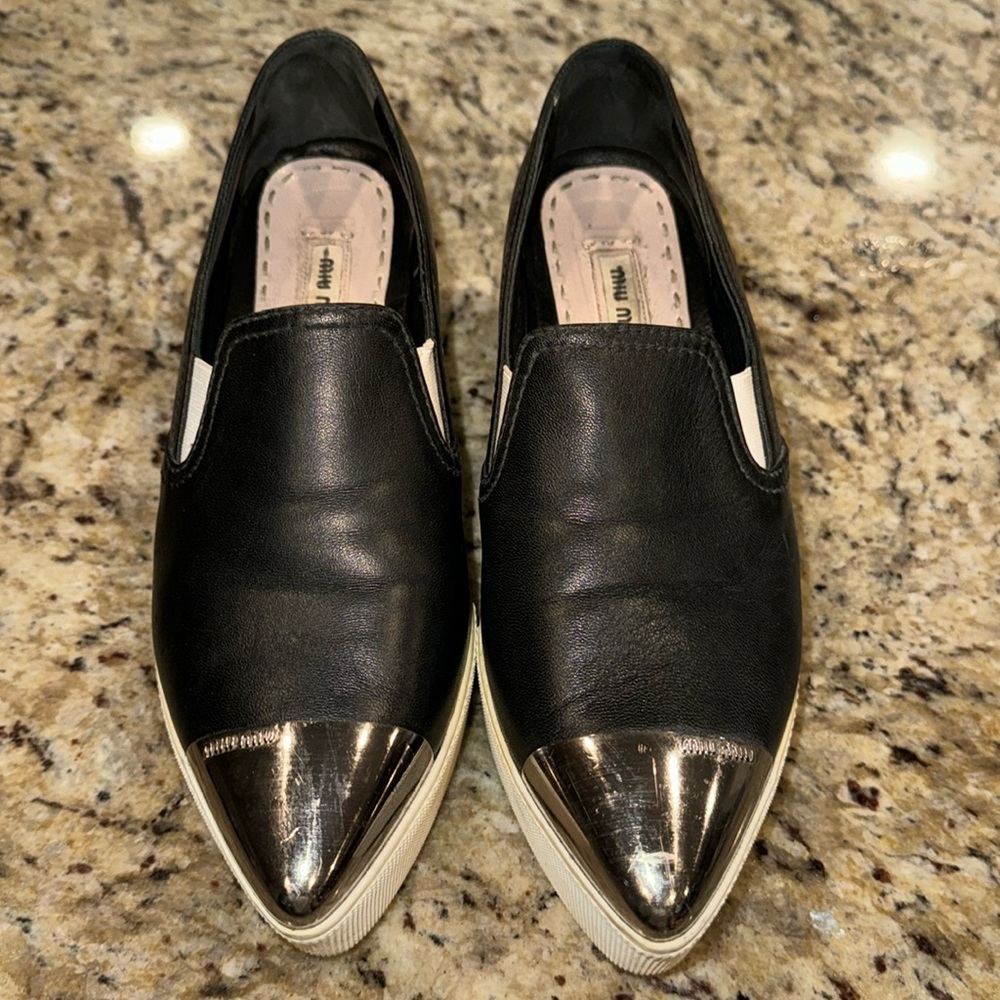Miu Miu Black Leather Slip-On Flats with Silver Toe Cap